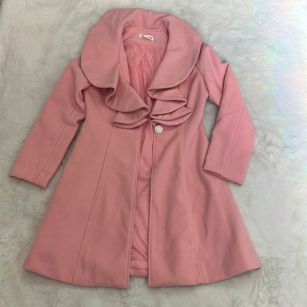 Pink Lolita 3/4 length jacket with lotus blossom collar wool viscose blend - Picture 6 of 14